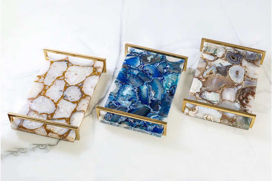 Agate Luxe Decorative Tray with Gold Handles