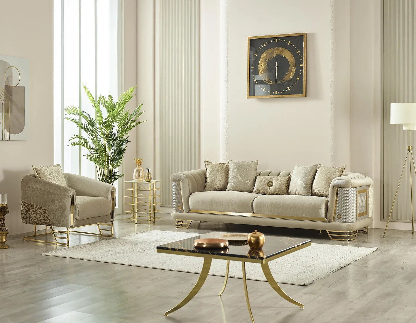 Cozyland Amora Beige & Gold (3+2+1) Sofa Set – Elegant & Timeless