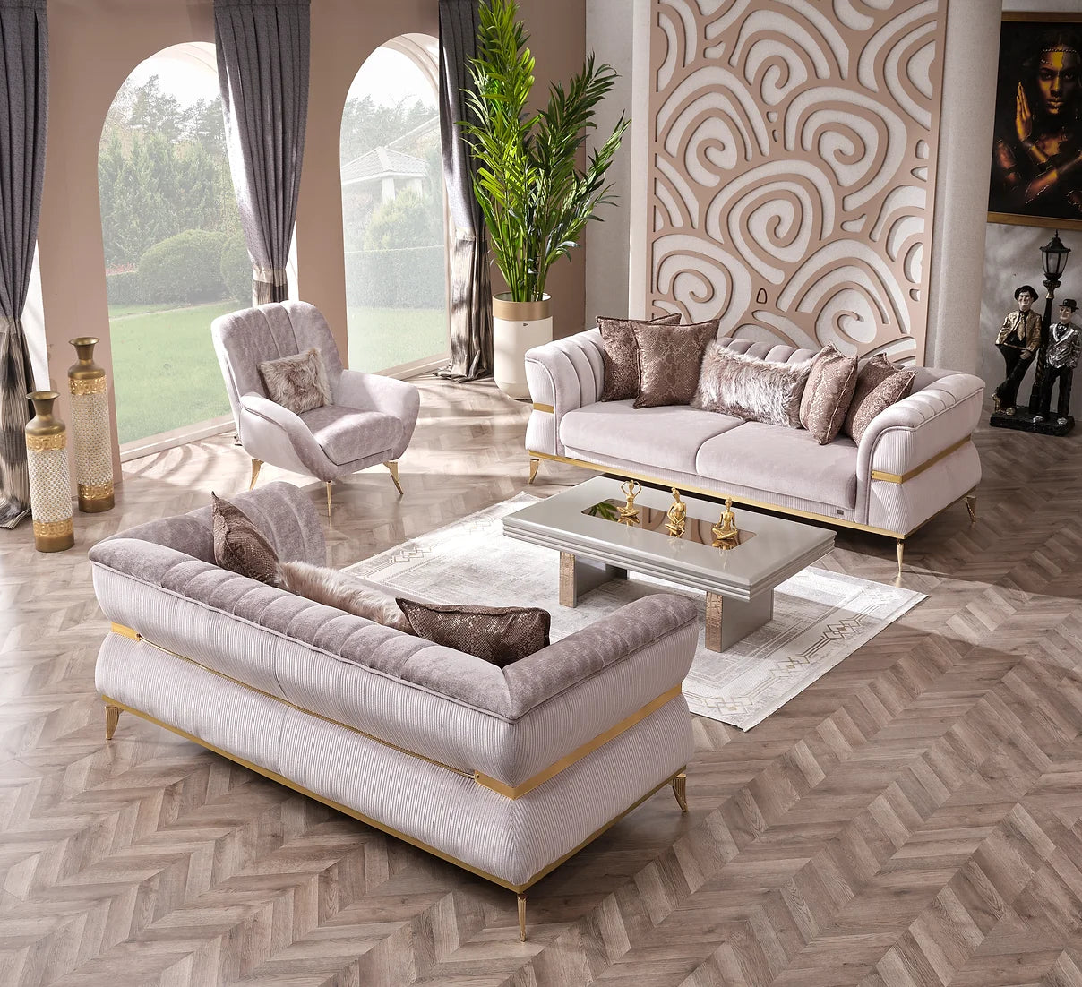 Cozyland Valente Beige & Gold Sofa Set (3+2+1) – Sophisticated & Timeless