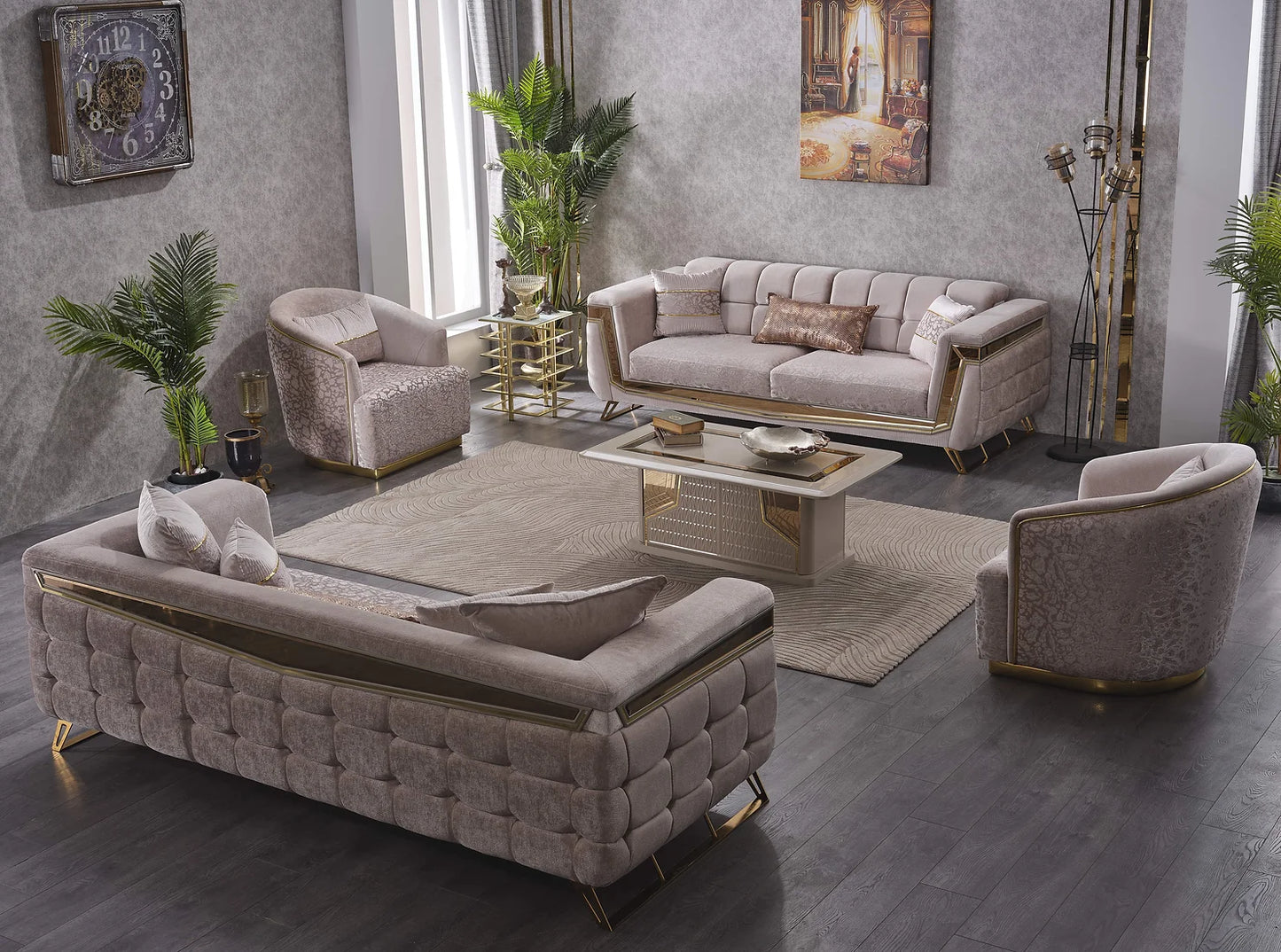 Cozyland Imperia Beige & Gold (3+2+1) Sofa Set – Convertible & Elegant