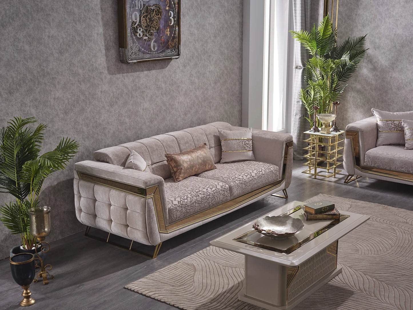 Cozyland Imperia Beige & Gold (3+2+1) Sofa Set – Convertible & Elegant