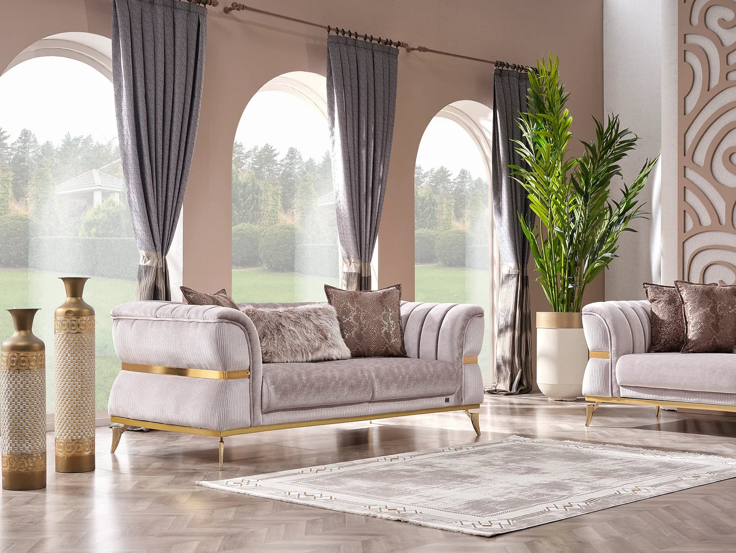 Cozyland Valente Beige & Gold Sofa Set (3+2+1) – Sophisticated & Timeless