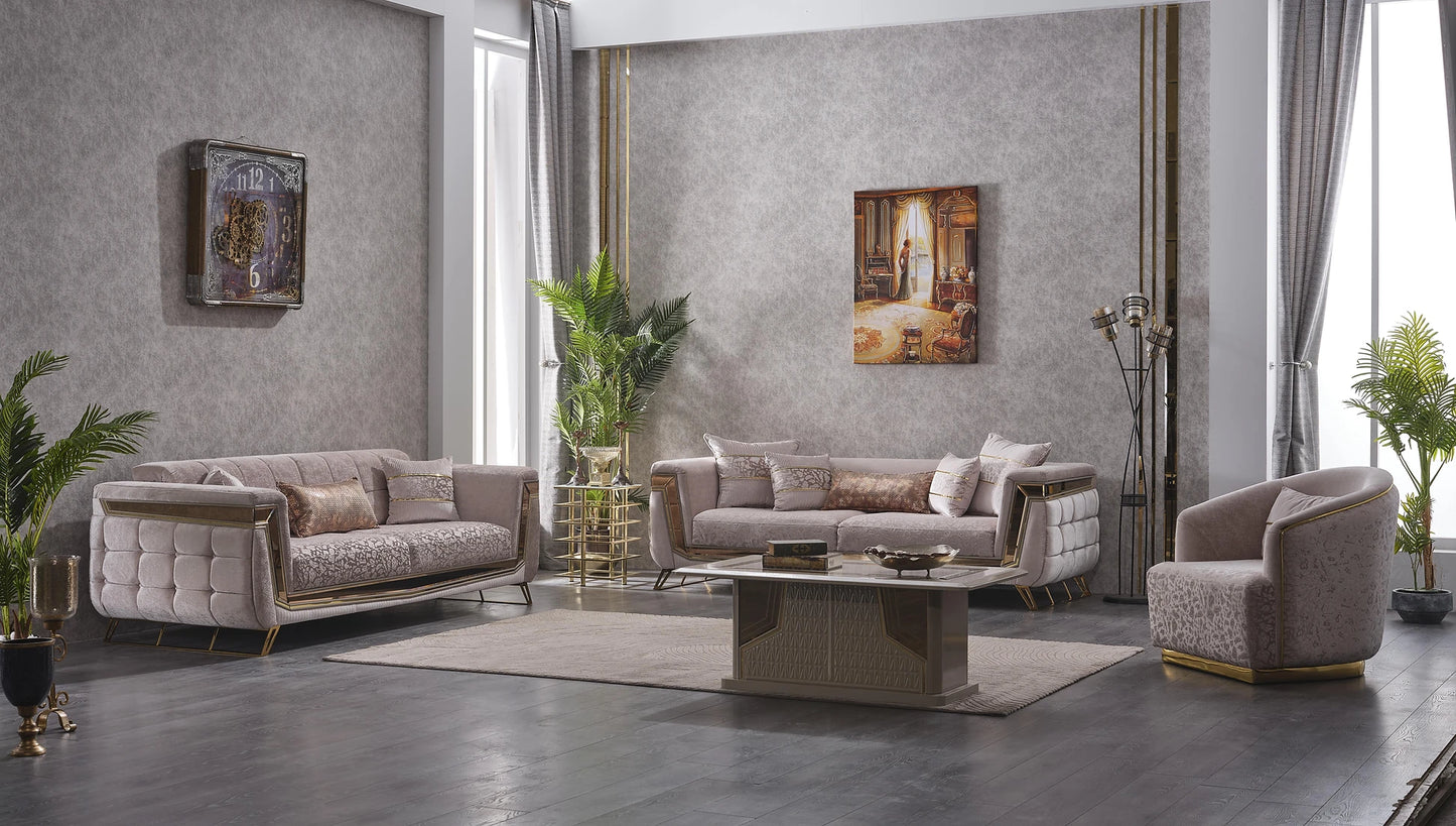 Cozyland Imperia Beige & Gold (3+2+1) Sofa Set – Convertible & Elegant