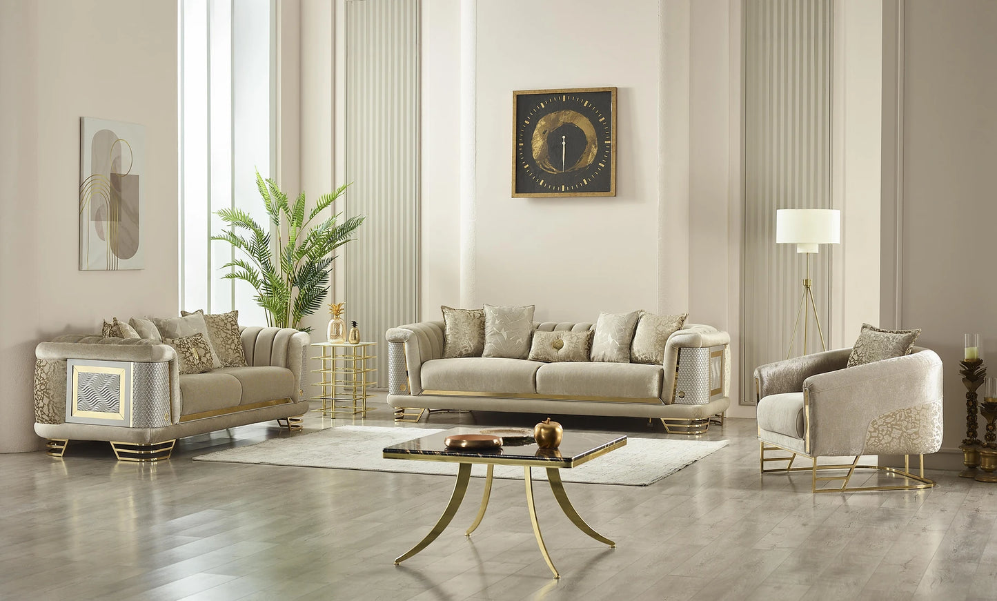 Cozyland Amora Beige & Gold (3+2+1) Sofa Set – Elegant & Timeless