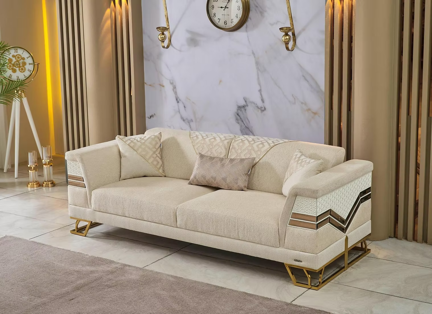 Roy Beige & Gold Sofa Set