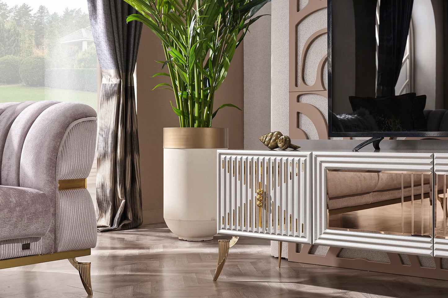 Cozyland Valente Beige & Gold Sofa Set (3+2+1) – Sophisticated & Timeless
