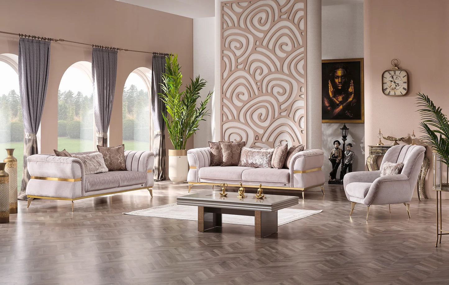 Cozyland Valente Beige & Gold Sofa Set (3+2+1) – Sophisticated & Timeless
