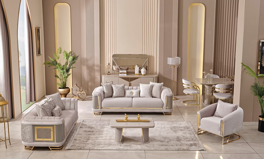 Cozyland Amora Beige & Gold (3+2+1) Sofa Set – Elegant & Timeless