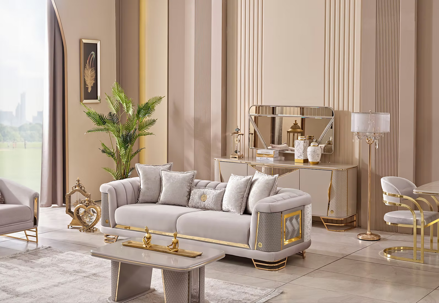Cozyland Amora Beige & Gold (3+2+1) Sofa Set – Elegant & Timeless