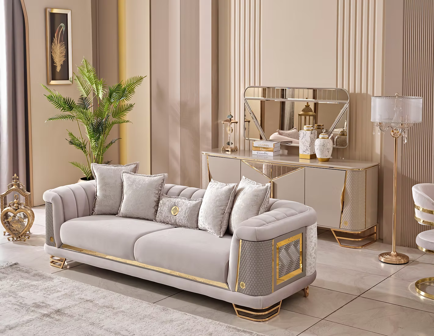 Cozyland Amora Beige & Gold (3+2+1) Sofa Set – Elegant & Timeless
